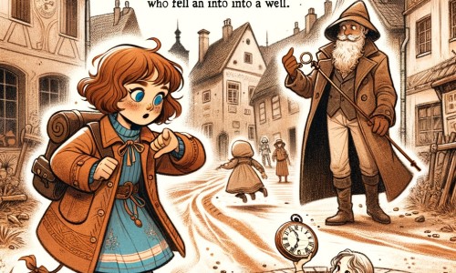 Une illustration destinée aux enfants représentant une petite fille curieuse découvrant une montre magique et voyageant dans le temps avec l'aide d'un mystérieux voyageur temporel, explorant des rues en terre d'une petite ville de l'année 1900, à la recherche d'une petite fille disparue tombée dans un puits.