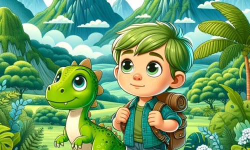 Une illustration destinée aux enfants représentant un petit garçon curieux et aventurier se retrouvant projeté dans le passé, accompagné d'un bébé dinosaure perdu, dans un paysage luxuriant rempli de jungles verdoyantes et de montagnes majestueuses.