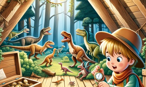 Une illustration destinée aux enfants représentant une petite fille curieuse découvrant une mystérieuse montre-bracelet dans un grenier poussiéreux, l'emmenant dans une aventure extraordinaire à travers une forêt dense peuplée de dinosaures majestueux.