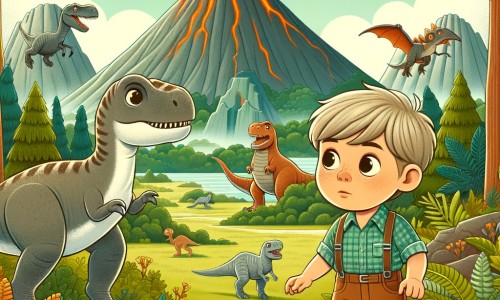 Une illustration destinée aux enfants représentant un petit garçon curieux se retrouvant par hasard à l'époque des dinosaures, accompagné d'un sympathique dinosaure, dans un paysage préhistorique luxuriant avec des montagnes volcaniques fumantes et des créatures géantes qui se promènent.