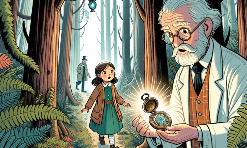 Une illustration destinée aux enfants représentant une petite fille curieuse, transportée dans le passé grâce à un mystérieux médaillon, accompagnée d'un vieil homme scientifique, dans une forêt enchantée avec de grandes fougères et des arbres immenses.