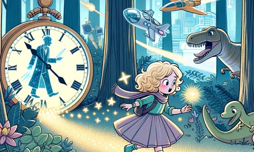 Une illustration pour enfants représentant une petite fille curieuse voyageant à travers le temps, découvrant des mondes fantastiques et mystérieux, dans des lieux aussi variés qu'une forêt préhistorique, une ville futuriste et un grenier magique.