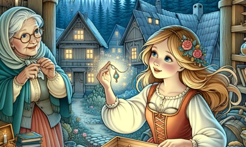 Une illustration destinée aux enfants représentant une petite fille rêveuse, découvrant un pendentif magique dans un grenier poussiéreux, accompagnée d'une grand-mère bienveillante, dans un village pittoresque entouré d'une forêt dense et mystérieuse.