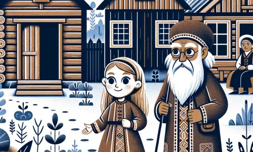 Une illustration destinée aux enfants représentant une petite fille intrépide, transportée dans le passé par une montre magique, accompagnée d'un vieil homme sage, dans un village ancien aux maisons en bois et aux habitants vêtus de costumes d'époque.