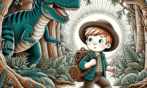 Une illustration destinée aux enfants représentant un petit garçon curieux et aventurier, projeté dans le temps des dinosaures, accompagné d'un dinosaure effrayant, dans une forêt dense et mystérieuse.