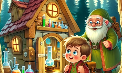 Une illustration destinée aux enfants représentant un petit garçon curieux qui découvre un laboratoire secret caché dans une petite maison en bois, nichée au cœur d'une forêt enchantée, où il rencontre un vieil homme mystérieux et commence une incroyable aventure à travers le temps et l'espace.