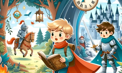 Une illustration destinée aux enfants représentant un petit garçon passionné d'histoires de voyages dans le temps, accompagné d'un chevalier courageux, explorant une forêt mystérieuse et traversant un château médiéval.