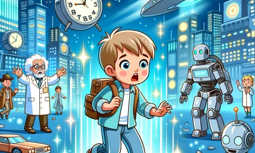 Une illustration pour enfants représentant un petit garçon passionné de science-fiction qui voyage dans le temps à bord d'une machine extraordinaire et se retrouve projeté dans une ville futuriste remplie de robots et de voitures volantes.