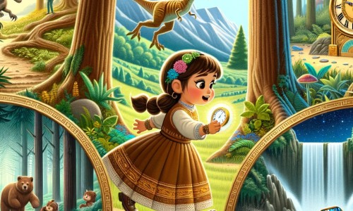 Une illustration pour enfants représentant une petite fille qui découvre une montre en or dans une forêt, puis se retrouve transportée dans le temps et l'espace pour rencontrer des dinosaures et explorer un monde futuriste.