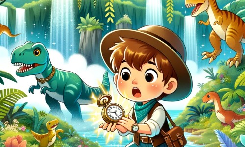 Une illustration pour enfants représentant un petit garçon curieux se retrouvant par magie dans le passé entouré de dinosaures, dans un monde enchanté.