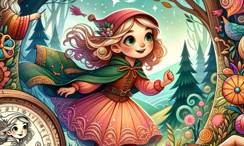 Une illustration pour enfants représentant une petite fille émerveillée, voyageant à travers le temps, à travers une forêt enchantée.