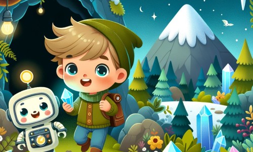 Une illustration pour enfants représentant un petit garçon curieux et aventurier se retrouvant dans une forêt mystérieuse après avoir touché un médaillon magique, dans une histoire de voyages dans le temps.