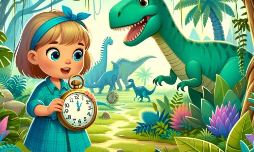 Une illustration destinée aux enfants représentant une petite fille curieuse, découvrant une montre magique et s'embarquant dans une aventure dans le temps avec l'aide d'un gentil dinosaure, à travers une forêt préhistorique luxuriante remplie de plantes géantes et de dinosaures majestueux.