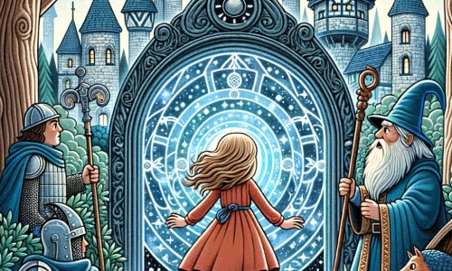 Une illustration destinée aux enfants représentant une petite fille intrépide, découvrant un portail temporel magique caché dans une forêt enchantée, en compagnie d'un enchanteur sage, dans une ville médiévale pleine de maisons en pierre et de chevaliers en armure.
