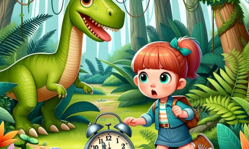 Une illustration pour enfants représentant une petite fille curieuse et aventureuse se retrouvant accidentellement transportée dans le passé grâce à une horloge magique, dans une ville paisible près d'une vieille maison abandonnée.