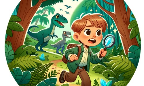 Une illustration destinée aux enfants représentant un petit garçon curieux et aventurier se retrouvant par accident dans une forêt luxuriante peuplée de dinosaures, à la recherche de cristaux magiques pour retourner dans le présent.