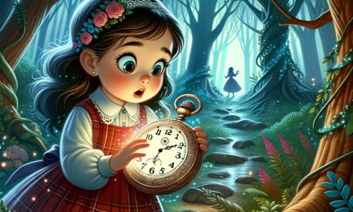 Une illustration pour enfants représentant une petite fille curieuse découvrant une montre magique dans une mystérieuse forêt enchantée où elle sera transportée dans le futur.