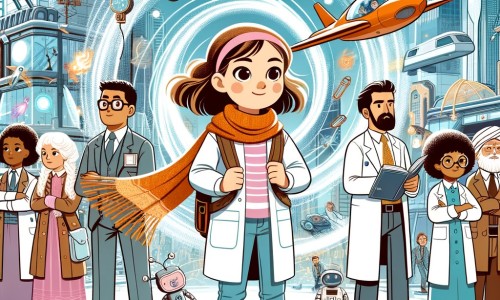 Une illustration pour enfants représentant une petite fille qui voyage dans le temps à travers un tourbillon magique, atterrissant dans une ville futuriste remplie de voitures volantes et de robots.