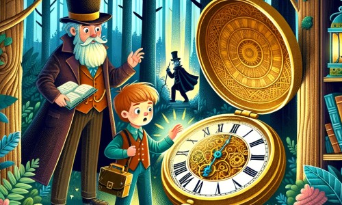 Une illustration pour enfants représentant un jeune aventurier qui découvre une montre magique dans son grenier, le transportant dans une forêt mystérieuse où il rencontre un professeur voyageur dans le temps.