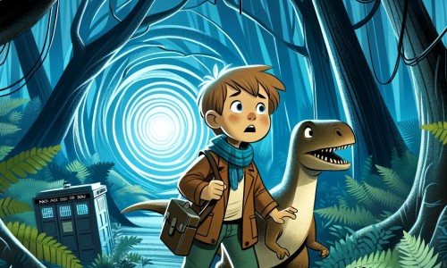 Une illustration destinée aux enfants représentant un jeune aventurier curieux se retrouvant piégé dans un passage temporel, accompagné d'un dinosaure amical, dans une forêt dense et sombre où les arbres semblent murmurer des secrets.