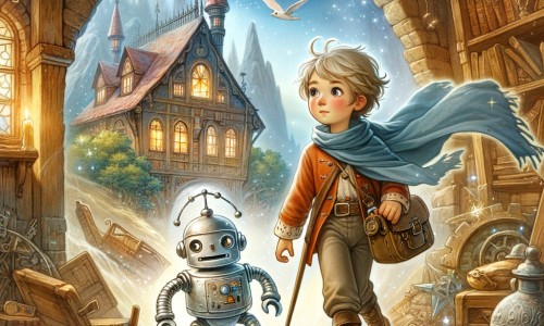 Une illustration pour enfants représentant un jeune aventurier curieux, découvrant un robot du futur dans un grenier poussiéreux, dans une petite maison pleine de mystères.