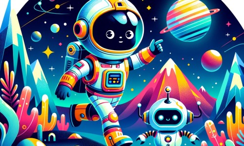 Une illustration pour enfants représentant un astronaute courageux qui cherche désespérément une source d'eau sur une planète inconnue dans un monde futuriste.