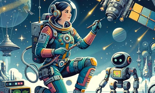 Une illustration pour enfants représentant une femme ingénieure en mécanique qui doit réparer un satellite en détresse lors d'une mission spatiale dans un futur lointain.