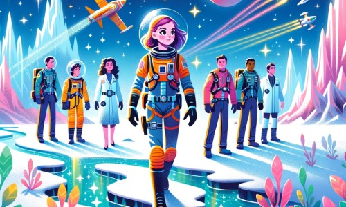 Une illustration pour enfants représentant une jeune femme courageuse et déterminée, voyageant dans l'espace à la recherche d'une nouvelle source d'eau pour sauver la Terre.