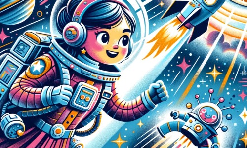 Une illustration pour enfants représentant une femme exploratrice spatiale courageuse et intelligente qui part en mission pour explorer un phénomène spatial étrange dans une lointaine galaxie.