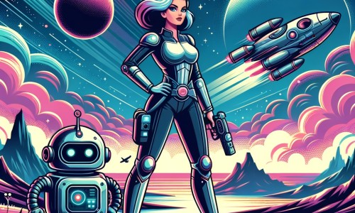 Une illustration pour enfants représentant une femme audacieuse et passionnée, prête à embarquer dans une aventure spatiale extraordinaire, à la découverte des mystères de l'univers dans un monde futuriste rempli de technologies avancées.
