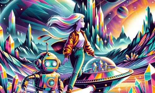 Une illustration pour enfants représentant une jeune femme intrépide dans une combinaison spatiale, explorant des ruines mystérieuses sur une planète lointaine.