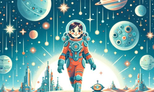 Une illustration destinée aux enfants représentant une femme aventurière dans une combinaison spatiale colorée, explorant une planète lointaine avec un petit robot à ses côtés, tandis que des villes flottantes futuristes brillent dans le ciel étoilé.