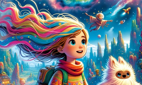 Une illustration pour enfants représentant une femme intrépide naviguant à travers les étoiles pour sauver une civilisation en danger, dans un univers futuriste rempli de merveilles cosmiques.