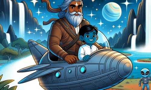 Une illustration destinée aux enfants représentant un homme intrépide, voyageant à travers les étoiles à bord d'un vaisseau spatial futuriste, accompagné d'un compagnon extraterrestre à la peau bleue, explorant une planète lointaine remplie de cascades scintillantes et de rivières étincelantes.