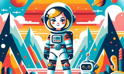 Une illustration destinée aux enfants représentant une femme astronaute audacieuse, se tenant sur une planète lointaine remplie de montagnes colorées, accompagnée d'un petit robot curieux, dans une quête pour trouver une nouvelle source de nourriture pour sauver la Terre.
