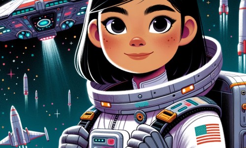 Une illustration pour enfants représentant une femme astronaute courageuse et déterminée, prête à explorer l'espace à la recherche d'une nouvelle planète habitable, dans un vaisseau spatial futuriste.