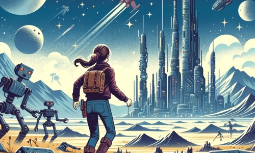 Une illustration destinée aux enfants représentant une jeune femme intrépide explorant des planètes lointaines avec l'aide de robots abandonnés, dans un paysage cosmique parsemé de gratte-ciel futuristes s'élevant à des kilomètres dans le ciel.