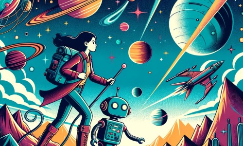 Une illustration pour enfants représentant une femme courageuse, partie dans l'espace pour sauver une race extraterrestre malade, et atterrissant sur une planète mystérieuse et inconnue.