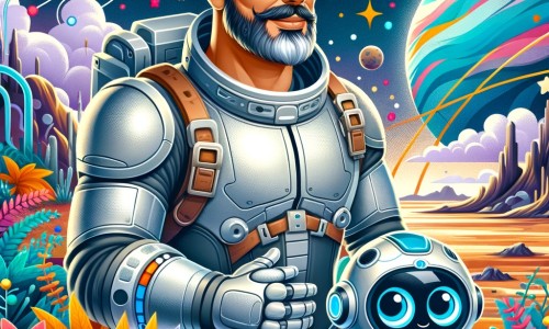 Une illustration pour enfants représentant un homme courageux et passionné par l'espace, qui se retrouve échoué sur une planète inconnue après un accident de vaisseau spatial dans une zone obscure de l'espace.