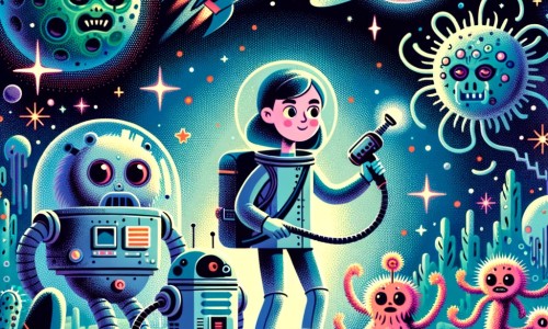 Une illustration pour enfants représentant une femme courageuse et déterminée, voyageant dans l'espace pour trouver un remède pour une maladie extraterrestre mortelle, sur une planète lointaine.
