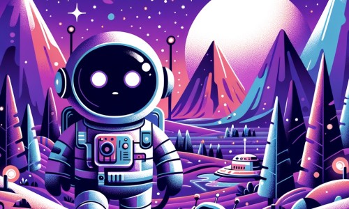 Une illustration destinée aux enfants représentant un astronaute courageux, perdu sur une planète lointaine et hostile, accompagné d'un petit robot curieux, dans un paysage extraterrestre avec des montagnes violettes, des arbres lumineux et un ciel étoilé étincelant.