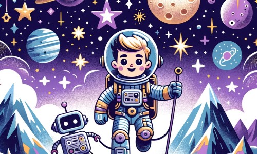 Une illustration destinée aux enfants représentant un jeune astronaute courageux, naviguant à travers une mer d'étoiles, accompagné de son fidèle robot, sur une planète lointaine aux montagnes scintillantes et aux ciels violets.
