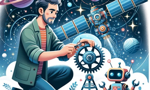 Une illustration pour enfants représentant un homme aventurier, en mission de réparation d'un satellite en orbite autour d'une planète lointaine, dans un monde futuriste peuplé de voitures volantes et de robots assistants.