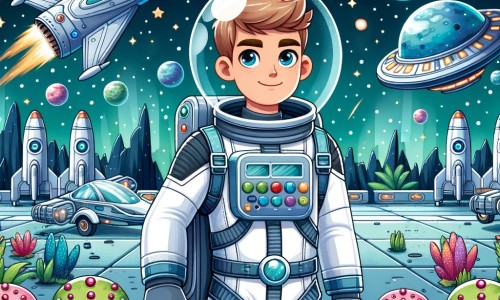 Une illustration pour enfants représentant un homme courageux naviguant dans l'espace pour sauver une planète lointaine menacée par une arme extraterrestre puissante.