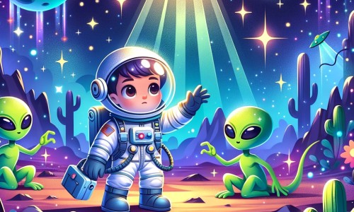 Une illustration destinée aux enfants représentant un astronaute courageux, perdu sur une planète mystérieuse, qui rencontre des extraterrestres verts dans un paysage cosmique rempli d'étoiles scintillantes et d'un soleil éclatant.
