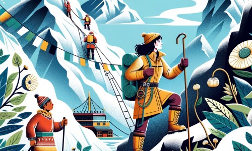 Une illustration destinée aux enfants représentant une intrépide exploratrice, en compagnie d'un jeune garçon de la tribu locale, escaladant les montagnes enneigées de l'Himalaya, à la recherche d'une mystérieuse plante médicinale aux pouvoirs magiques.