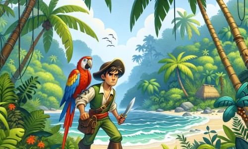 Une illustration destinée aux enfants représentant un courageux aventurier, prêt à affronter les dangers de la jungle, accompagné de son fidèle perroquet, dans une île tropicale recouverte d'une épaisse végétation luxuriante et bordée d'une plage de sable blanc bordée de palmiers majestueux.