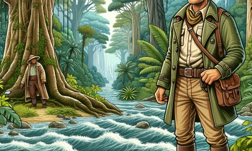 Une illustration destinée aux enfants représentant un courageux explorateur, vêtu d'un chapeau en cuir et d'une veste de couleur kaki, se tenant au bord d'une rivière tumultueuse, accompagné d'un mystérieux guide local, dans une forêt dense et luxuriante remplie d'arbres géants et de plantes exotiques.