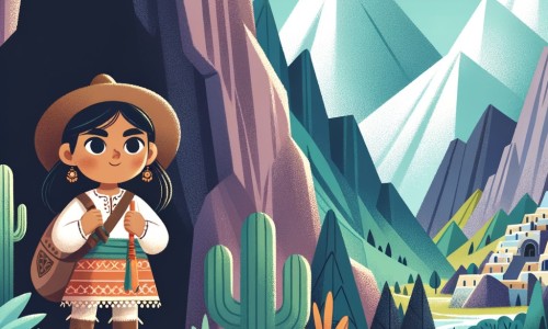 Une illustration pour enfants représentant une jeune aventurière courageuse et déterminée, se tenant devant une grotte mystérieuse nichée au cœur de montagnes majestueuses.