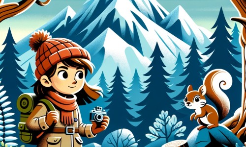 Une illustration destinée aux enfants représentant une femme aventurière, debout au pied d'une montagne majestueuse, accompagnée d'un petit écureuil malicieux, dans une forêt dense et mystérieuse, prête à percer le secret de la montagne enneigée.